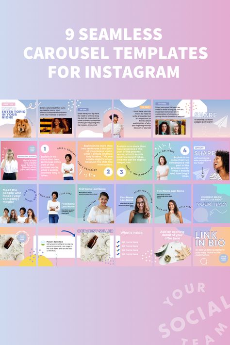 gradient background in pink and blue with that read 9 Seamless Carousel Templates for Instagram and images of 4 or the 6-page colorful carousels. Instagram Carousel Design Inspiration, Carousels Instagram, Instagram Carousel Design, Carousel Instagram Design Aesthetic, Carousel Design, Instagram Carousel, Seamless Carousel Design, Cool Instagram Carousel Design, Instagram Carasoul Post Design