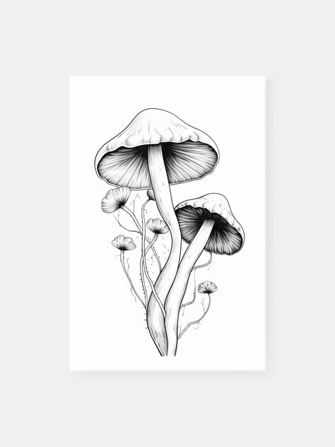 This poster has a careful black and white picture of two mushrooms, drawn with a thick, bold line. The soft colors and sharp scooped shapes are inspired by tattoo art. The contrast between shadows and light on a clear white background makes the mushrooms come alive. It's a special decoration for any modern room.