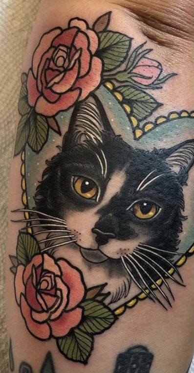 Neotraditional Pet Portrait, Traditional Siamese Cat Tattoo, Neo Traditional Cat Portrait, New School Cat Tattoo, Cat Portrait Tattoo Traditional, Black Cat Portrait Tattoo, Traditional Pet Portrait Tattoo, Long Haired Cat Tattoo, Traditional Pet Tattoo