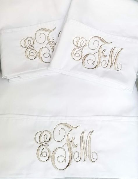 Monogrammed, Personalized Sheets | Custom Embroidery | Queen, Twin, Full, King Comforter Ideas, Monogram Bedding, Bedding Queen, White Sheet Set, Embroidered Items, White Sheet, Monogram Pillows, Bedroom Bliss, White Sheets