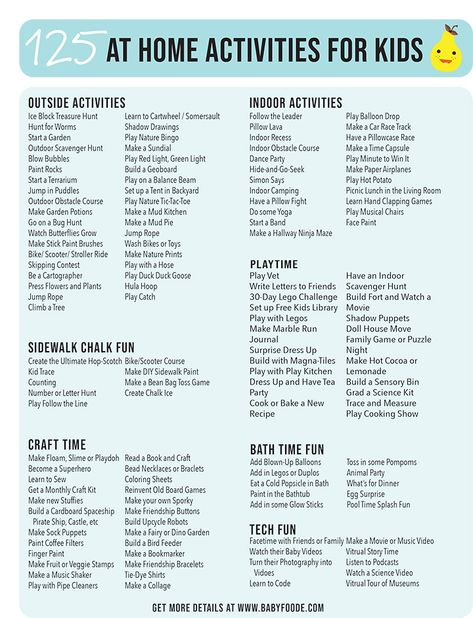 These 125 Amazing At-Home Activities are perfect for Toddlers, Preschoolers and Young Kids! This is my go-to list when we need to entertain the kiddos indoors. Hours of easy (and cheap) activities for Outside Activities, Indoor Activities, Playtime, Bath Time Fun, Craft Time and Tech Fun! Great for ages 2-9 years old. #toddler #preschooler #kid #athome #indoor #activities Five Year Old Activities Fun, Weekend Kids Activities, Pre K Indoor Activities, Fun Things To Do With Four Year Olds, Ideas To Do With Kids At Home, Activities For Kids At Home 4 Year, Fun At Home Family Activities, Cheap Kid Activities, At Home Activities For Preschoolers