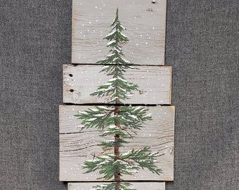 Painted Snowmen, Painting On Pallet Wood, Fall Pumpkin Sign, Pine Tree Painting, Farmhouse Grey, Long Boards, Rustic Holiday Decor, Tree Winter, Farmhouse Christmas Tree