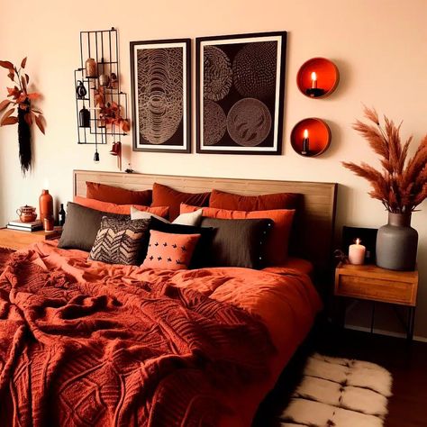 Bedroom Ideas - HearthandPetals Maroon Bedroom, Burgundy Bedroom, Earth Tone Bedroom, Bedroom 2024, Bedroom Orange, Brown Bedroom, Black Bedroom, House Decorating, Decor Bedroom