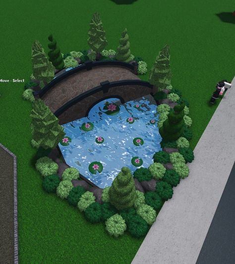 Bloxburg River Ideas, Bloxburg House In The Woods, Pond Ideas Bloxburg, Green House Bloxburg Garden, Bloxburg Country Club, Theme Park Tycoon 2 Ideas Layout, Front Yard Landscaping Ideas Bloxburg, Bloxburg Front Yard Ideas Aesthetic, Bloxburg Lake Ideas