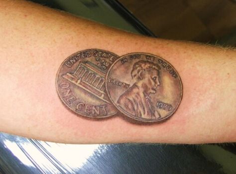 With a canadien penny and 2015 as the date and maybe even the cities we went to.. Penny Tattoo Ideas, Tattoos Money, Penny Tattoo, Money Tattoos, Heaven Tattoos, Mark Tattoo, Bad Choices, Money Tattoo, Leo Tattoos