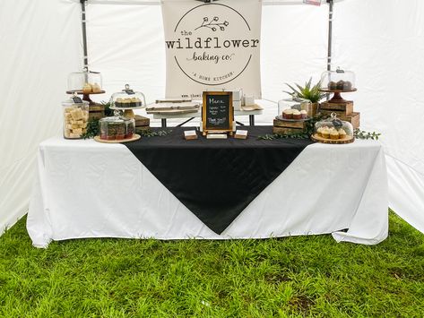 Our booth for the farmers market Farmers Market Ideas Display, Vendor Booth Banner Ideas, Bakery Event Booth, Farmers Market Cookies Display, Cookies Booth Display, Rustic Farmers Market Display, Table Market Display, Crate Market Display, Farmers Market Table Display Ideas