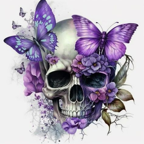 Skull Butterfly Flower Tattoo, Skull With Flowers And Butterflies Tattoo, Flowers Coming Out Of Skull, Skull With Flowers And Butterflies, Skull Butterfly Painting, Beautiful Flowers Images, Cute Couple Wallpaper, Couple Wallpaper, Art Pop