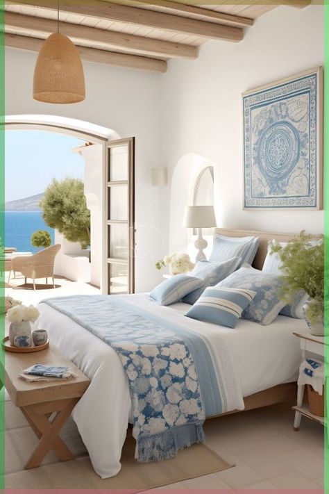 Greek Bedroom Design, Greece Inspired Room, Spanish Beach House Interior, Coastal Hotel Room, Hotel Bedding Aesthetic, Greek Bedroom Ideas, Greece Inspired Bedroom, Sea Bedroom Ideas, Greek Bedroom