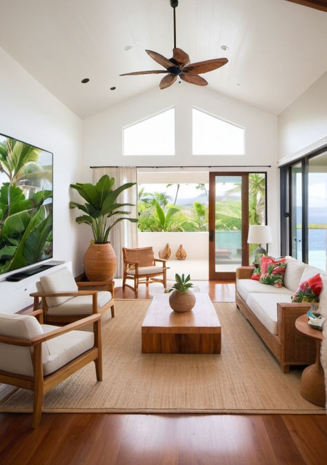 interior design idea, living room decor Hawaiian Houses Interior, Modern Hawaiian Interior Design, Hawaii Homes Interior, Hawaii Interior Design, Living Room Island, Hawaiian Interior Design, Hawaiian House, Island Home Decor, Hawaii House