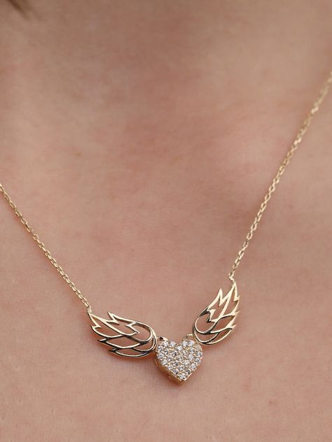 14K Rose Gold Angel Wings Necklace/ 14K Gold Cz Pave Angel - Etsy Australia Angel Wings Necklace, Diamond Angel, Wings Necklace, Gold Angel Wings, Angel Wing Necklace, Gold Angel, Heart With Wings, Wing Necklace, Solid Gold Chains