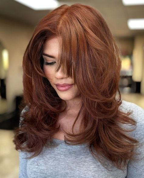 Armpit-Length Butterfly Cut for Thick Hair Red Hair With Butterfly Cut, Butterfly Haircut Red Hair, Butterfly Haircut Copper Hair, Butterfly Haircut Medium/short, Butterfly Haircut Medium Hair 2024, Armpit Length Hair, One Length Haircuts, Womens Haircuts Medium, Asymmetrical Haircut