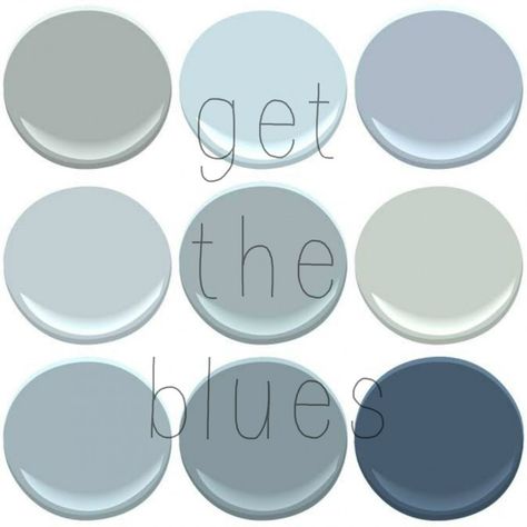 YOUR FAVORITE BENJAMIN MOORE BLUES Benjamin Moore Blues, Boothbay Gray, House Palette, Van Deusen Blue, Nimbus Gray, Mt Rainer, Benjamin Moore Blue, Old Country Houses, Interior Paint Colors Schemes