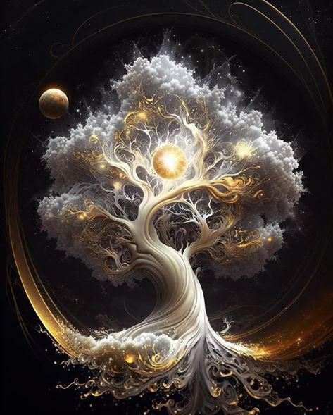 Tree of the Golden Moon #aiart #aiartworks #aiartdaily #generativeart #aiartcommunity #digitalart #generatedart #art #digitalpainting #artist #artwork #digitalartist #characterdesign #characterart #fantasyart #fantasyartwork #fantasy Tree Of Knowledge Of Good And Evil, Golden Artwork, Wallpaper Tree, Abstract Ideas, Fantasy Tree, Golden Moon, Tree Of Life Art, Golden Tree, Tree Tattoo