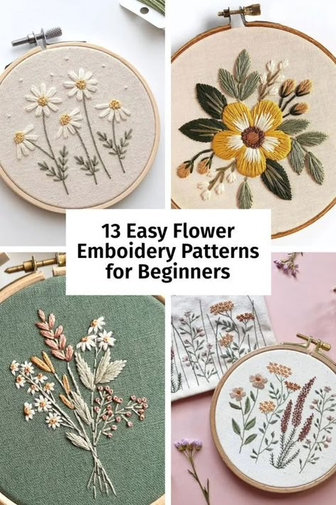 Dive into the world of embroidery with these 13 beautiful flower patterns designed for beginners! 🌼 Each pattern offers detailed guides and step-by-step instructions, making it easy to create stunning floral designs. From simple daisies to intricate wildflowers, you'll find the perfect project to enhance your embroidery skills. Download your printable PDF patterns today and start stitching! Easy Floral Embroidery Patterns, Floral Designs For Embroidery, Embroidered Floral Pattern, Daisy Embroidery Pattern Simple, Embroidery Flowers Pattern Templates Free Printable Flowers, Why Not Stitching, Easy Embroidery Flowers Pattern, Simple And Easy Embroidery Designs, Embroidery Wildflowers Pattern