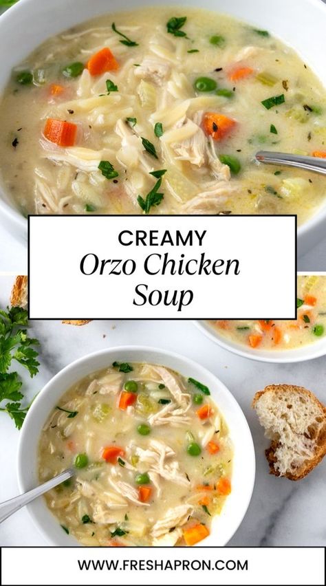 Creamy Orzo Chicken Soup is a delicious soup recipe that's loaded with orzo pasta. It's easy to make and is the best chicken noodle soup. It's brightened up with a squeeze of lemon. Follow Fresh Apron for more easy Pasta Recipes. Creamy Orzo Chicken, Orzo Chicken Soup, The Best Chicken Noodle Soup, Pasta Soup Recipes, Best Chicken Noodle Soup, Orzo Soup Recipes, Creamy Orzo, Make Shredded Chicken, Orzo Soup