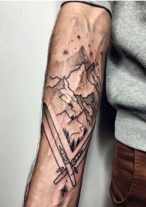 Upper Arm Tattoo Mountains, Inside Tattoo, Skiing Tattoo, Bicep Tattoos, Tattoo Mountain, Arm Tattoos For Guys Forearm, Simple Forearm Tattoos, Tattoos Men, Men Tattoo