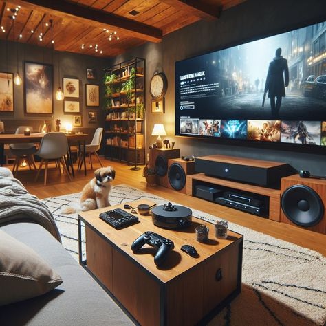 Game Room For Family, Gaming Couch Setup, Basement Playroom Game Room, Japandi Game Room, Playstation Setup Living Room, Basement Video Game Area, Leisure Room Ideas, House Gaming Room, Classy Game Room