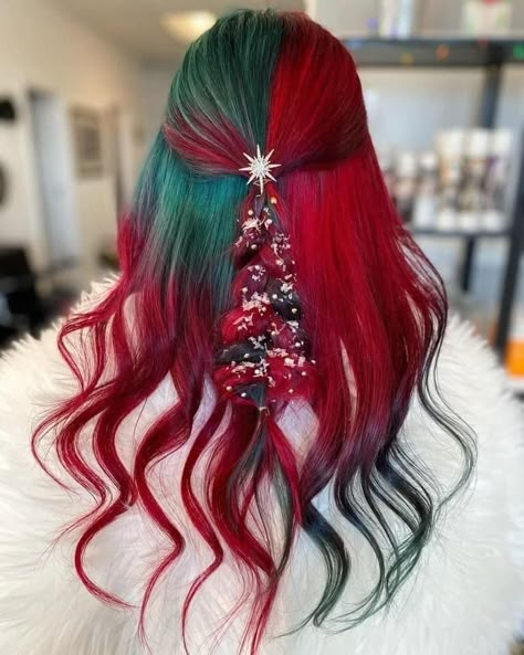 Red And Green Hair, Holiday Hair Color, Split Dyed Hair, Valentine Hair, Hair Bun Maker, Bright Hair Colors, Split Hair, Bright Hair, Christmas Hairstyles