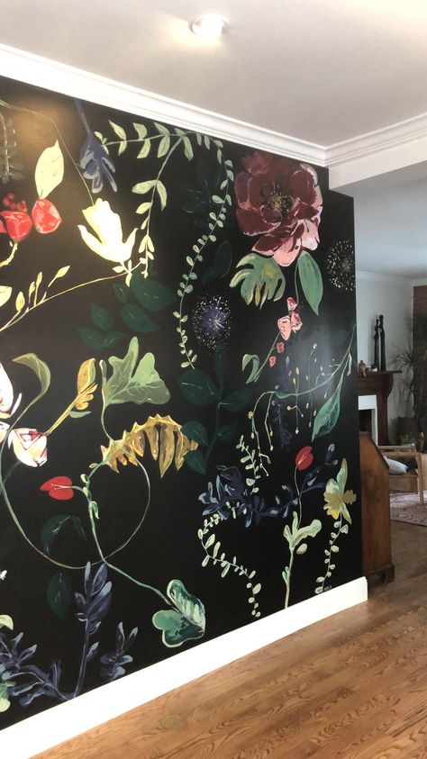 Nighttime Flowers by Naomi Clark Wall mural, black wallpaper, floral wallpaper Diy Nursery Mural, Naomi Clark, Black Hallway, Dark And Moody Bedroom, Moody Living Room, Wall Murals Diy, Flower Mural, Nursery Mural, Bedroom Wall Paint