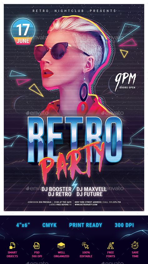 Party Flyer Design, 80s Poster, 80s Design, Flyer Layout, Retro Waves, Retro Party, Flyer Design Templates, Party Poster, Ideas Party