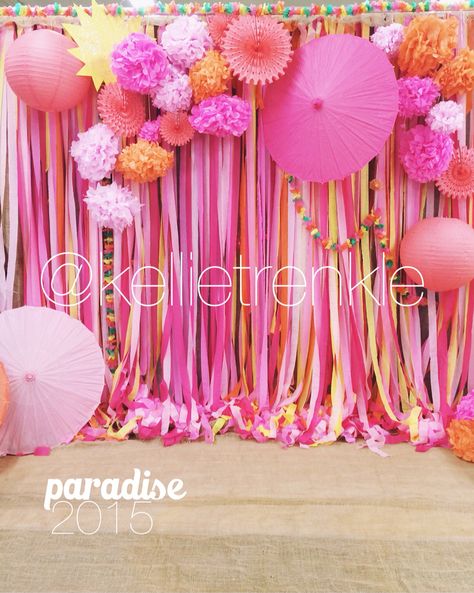 Pink & coral streamers with bright parasols & tissue paper flowers created a sweet backdrop for a dance photo booth! Would be cute for parties, showers, weddings, receptions!  kellietrenkle #event #photographer Paper Lantern Photo Backdrop, Spring Back Drop Ideas, Pink Photo Booth Ideas, Grave Arrangements, Wedding Party Beach, Hawaiian Bridal Shower, Honeycomb Arch, Wedding Party Dance, Beach Dance