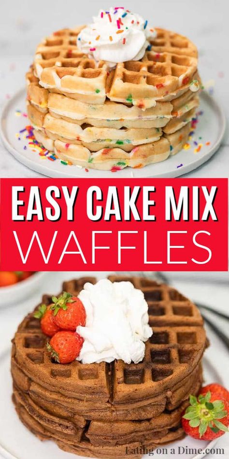 This cake mix waffles recipe is so fun and easy for the kids to make. These cake mix waffles boxes recipe can be made with your favorite flavors: funfetti, chocolate and strawberry. Learn how to make this cake mix waffles recipe with a box cake mix. This recipe is so easy, your kids can make this recipe boxes of cake mix waffles! #eatingonadime #cakemixrecipes #cakemixwaffles #easydesserts #kidrecipes Waffle Iron Cake Recipes, Cake Mix In Waffle Iron, Cake In Waffle Maker, Strawberry Cake Mix Pancakes, Waffle Cake Mix Recipe, Waffle Iron Cake, Cake Mix Waffle Cookies, Waffle Maker Recipes Desserts, Waffles With Cake Mix Boxes