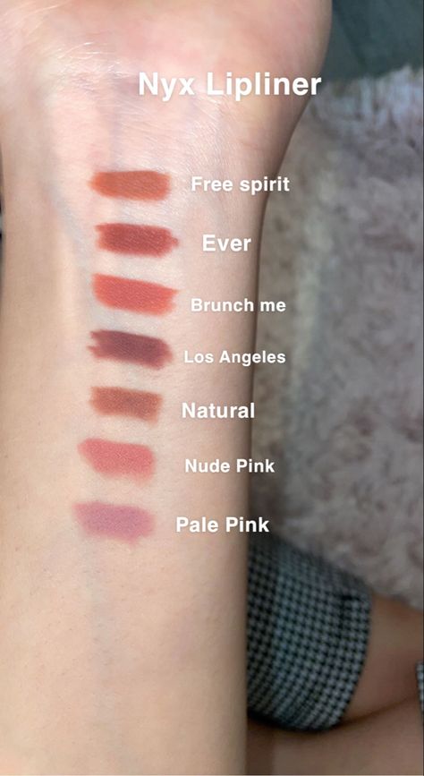 Nyx Lipliners, Nyx Lip Liner Shades, Lip Liner Swatches, Nyx Lip Liner Swatches, Nyx Lip Liner, Nyx Lipstick, Makeup Accesories, Makeup Eyelashes, Eye Makeup Designs