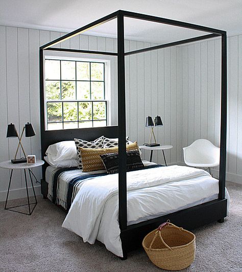 Black canopy bed + white shiplap walls | House Seven Design Farmhouse Canopy Beds, Emerald Green Bedrooms, Black Canopy Bed, Green And White Bedroom, Wood And Upholstered Bed, Wood Canopy Bed, Bed Wooden, Wooden Beds, Canopy Bedroom