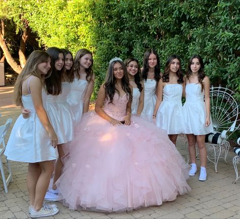 Quincenera Court Dresses, Quince Friend Dresses, Pink Court Dresses, Pink Sweet 16 Court Dresses, Dresses To Wear At A Quinceanera As A Guest, Pink Quince Court Dresses, Outfits For Damas Quince, Pink Quinceanera Theme Damas, Quince Court Outfits Pink