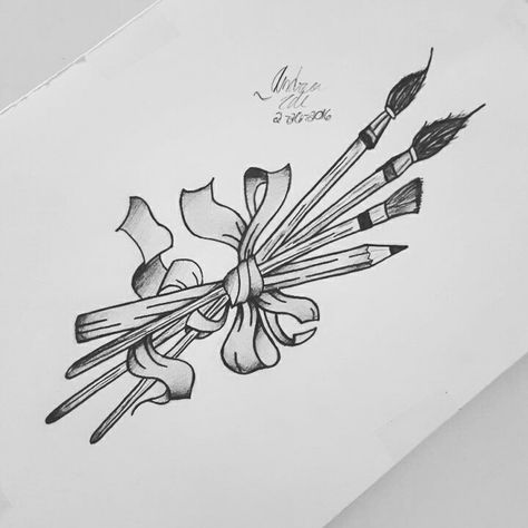 Paint brushes and pencil wrapped in ribbon                                                                                                                                                      More Paint Brush Tattoo Ideas, Paint Brush Flower Tattoo, Paint Brush Tattoo Design, Paint Brushes Tattoo, Paint Brush Sketch, Pencil Tattoo Ideas, Artist Tattoo Ideas Paintbrush, Tattoos For Artists, Tattoo Paintbrush