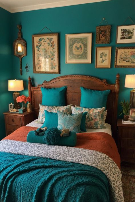 Discover the secret to creating a relaxing bedroom retreat with expert tips on selecting the perfect calming colors. Explore now!
#ad  


#Colortrend
#wallpaint2024
 #color2024
 #DIYpainting
 ##DIYhomedecor
 #Fixhome Bedroom Turquoise Walls, Teal Color Schemes Bedroom, Dark Turquoise Room, Teal Walls Bedroom, Dark Turquoise Bedroom, Boho Vintage Bedroom, Rust Bedroom, Dark Green Home, Turquoise Bedroom