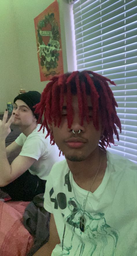 Dyed Hair Guys, Male Dyed Locs, Dreds Locs Men Dyed, Lock Hairstyles, Black And Red Dreads Men, Locs Men Aesthetic, Alt Dreads Men, Boyfriend Hair, Dyed Dreads