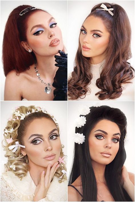 Jackie Wyers is pictured in a collage with 4 different makeup and hair looks inspired by the 60s. She has red hair like gigi hadid at the met gala 2021, brown hair tied with a bow, blonde hair in a curly updo like sharon tate's bridal look and long black hair with volume and flowers inspired by Priscilla Presley. Iconic 60s Makeup Looks, 60s Make Up Looks, 60s Hair With Headband, 60’s Look, Sharon Tate Costume Halloween, Early 60s Makeup, 60s Iconic Women, 1960 Makeup And Hair, Style 60s Woman