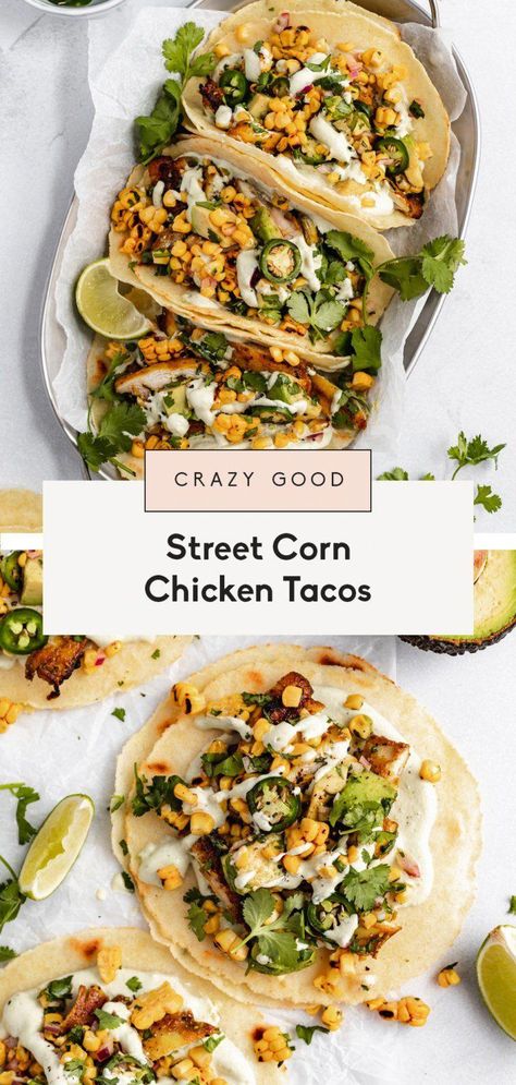 Incredible street corn chicken tacos made with flavorful sazon grilled chicken, seasoned grilled corn, fresh avocado salsa and an addicting jalapeño lime cashew sauce. These delicious grilled street corn chicken tacos are the perfect summer recipe the whole family will love! #tacos #chicken #dinner #grilling #streetcorn #glutenfree #dairyfree #mealprep Street Corn Chicken Tacos, Corn Chicken Tacos, Grilled Street Corn, Street Corn Chicken, Cashew Sauce, Corn Chicken, Fresh Avocado, Avocado Salsa, Street Corn