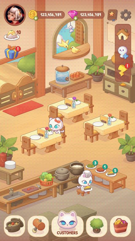 Cafe Game Design, Puzzle Game Ui, Restaurant Game, Idle Game, Game Cafe, Cat Game, Game 2d, Shopping Games, Interior Design Games