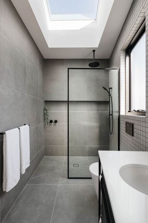 black and grey bathroom interior design scheme for residential development in the inner north of Melbourne by C.Kairouz Architects Polished Concrete Bathroom, Bathroom Concrete Floor, Grey Scheme, Monochromatic Bathroom, Best Kitchen Layout, Polished Concrete Floors, Condo Bathroom, Interior Design Help, Townhouse Interior