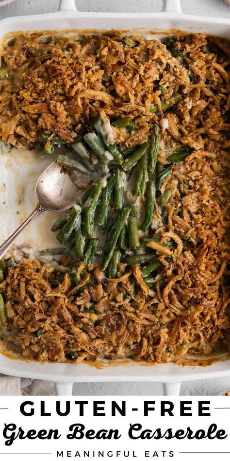 This homemade gluten-free green bean casserole is a holiday dinner classic! This gluten-free version has an extra crisp, buttery topping made with gluten-free French fried onions and gluten-free panko! Enjoy this classic recipe with your family and friends this holiday season! Green Bean Casserole Frozen, Paleo Green Beans, Cream Of Soup, Green Bean Casserole From Scratch, Gluten Free Green Bean Casserole, Ultimate Green Bean Casserole, Pizza Baguette, Thanksgiving Green Beans, Green Bean Casserole Campbells