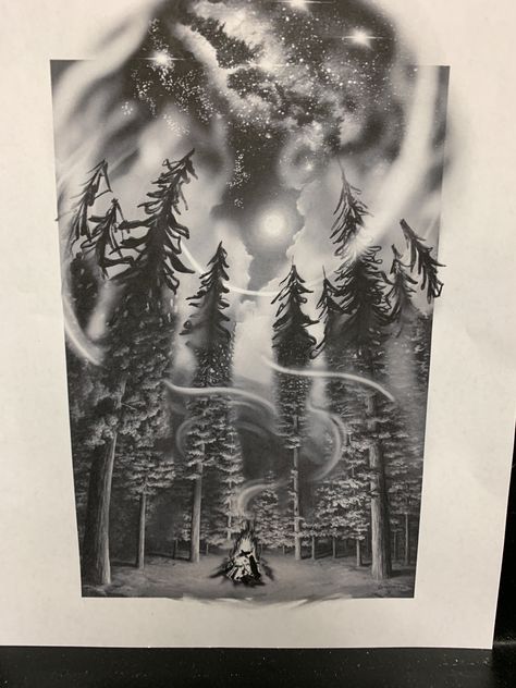 Night sky campfire forest tattoo Night Sky Sleeve Tattoos For Women, Tattoos With Rays Of Light, Forest Night Sky Tattoo, Magical Forrest Tattoo, Forest And Mountain Tattoo Sleeve, Skull Scenery Tattoo, Campfire Tattoo Sleeve, Wave Leg Tattoo Men, Trees And Clouds Tattoo