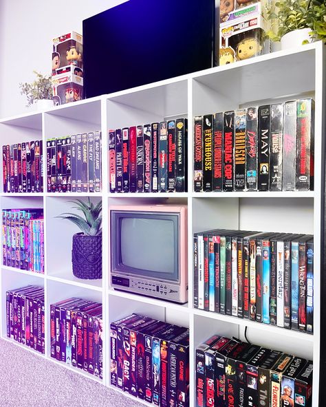 Movie Collection | VHS Shelfie | Horror Collector Inspo | Retro Aesthetics 90’s Room, Vhs Storage, Collectors Room Ideas, Vhs Display, Horror Movie Room, Dvd Display, Dvd Organization, 90s Room, Vhs To Dvd