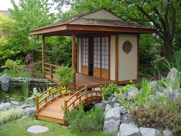 Japanese Style Garage and Shed Design Ideas, Pictures, Remodel and Decor Japanese Garden House, Landscaping Tropical, Backyard Bridges, Tea House Design, Japanese Garden Decor, Koi Pond Design, Japanese Garden Landscape, Japanese Tea House, Japanese Tea Garden