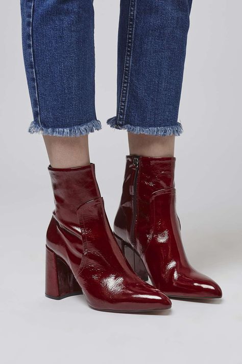 Stomp into new season in style in our HAMPTONS patent flared ankle boots in a rich red hue. #Topshop Chunky Heel Ankle Boots, Work Formal, Black Shoes Heels, Block Heel Ankle Boots, Red Boots, Heel Ankle Boots, Patent Leather Heels, Formal Attire, Ankle Bootie