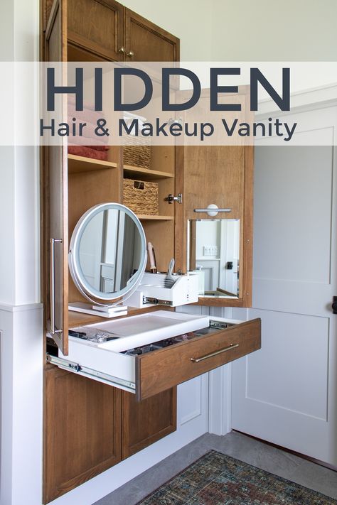 Walk In Closet Makeup Room, Built In Vanity In Bathroom Small Spaces, Makeup Nook Bathroom, Bathroom Makeup Cabinet, Hidden Vanity In Closet, Hidden Vanity Ideas, Small Walk In Closet With Makeup Vanity, Vanity Inside Closet Small Spaces, Hidden Makeup Vanity