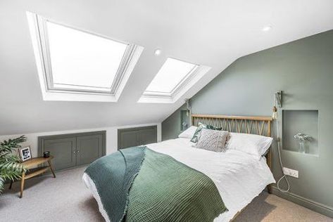 15 Chic Loft Bedroom Design Ideas Loft Extension Interior, Loft Bedroom With Dormer, Bedroom Decor Loft, Interior Design Loft Bedroom, Green Bedroom Attic, Attic Bedroom Ideas Green, Loft Conversion Interior Design, Green Attic Bedroom Ideas, Green Loft Bedroom Ideas