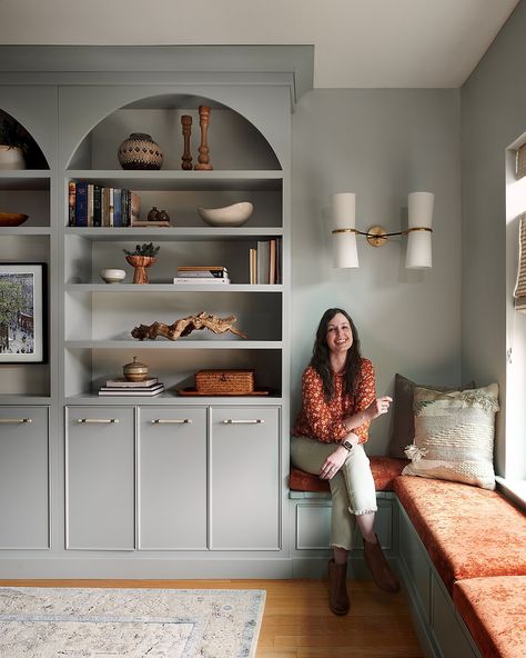 Heidi Callier Built In, Boothbay Gray Benjamin Moore Built Ins, Two Toned Bookcase, Inexpensive Built Ins, Entrance Shelves, Bookcase Colors, Farmhouse Build, Playroom Inspiration, Billy Ikea