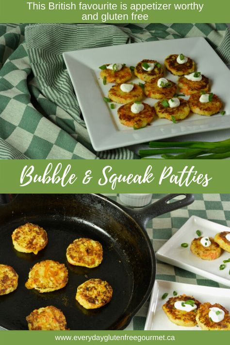 Everyone loves fried potatoes so take an ordinary dish of mashed potatoes and turn it into these Bubble and Squeak Patties, an appetizer that people will gobble up and ask for more. Bubble And Squeak Recipe, Fried Potato Cakes, Potato And Cabbage, List Of Appetizers, Bubble And Squeak, British Dishes, Gluten Free Appetizers, Breakfast Hash, Leftover Mashed Potatoes