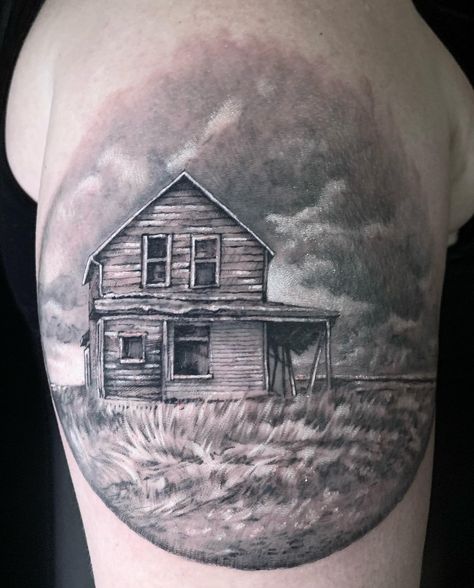 Nature, Abandoned House Tattoo, Cornfield Tattoo, Wheat Field Tattoo, Farmer Tattoo, Building Tattoo, Scenery Tattoo, House Tattoo, Black And Grey Tattoo