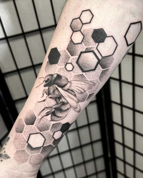 Dotwork Honeycomb Tattoo, Honeycomb Design Tattoo, Honeycomb Arm Tattoo, Honeycomb Wrist Tattoo, Ladybug Tattoo For Men, Honeycomb Background Tattoo, Hexagon Abstract Design, Honey Comb Elbow Tattoo, Honeycomb Tattoo Design Patterns