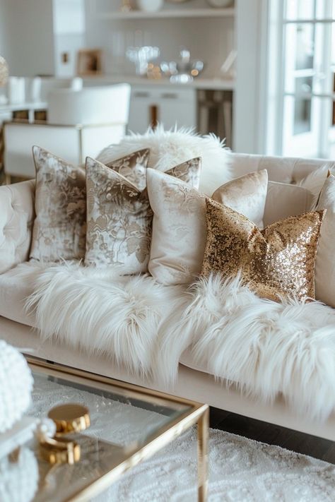 Stylish Glam Living Room: Gold Accents Show The Most Beautiful Silver Glam Living Rooms, Gold House Decor Interior Design, Southern Glam Home Decor, White And Gold Living Room Ideas, Living Room Gold Accents, Room Ideas Glam, Grey Boho Bedroom Ideas, Gold And White Living Room, Glam Room Aesthetic