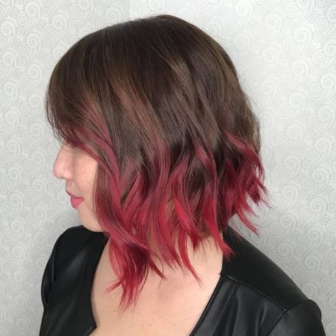 Short Brunette to Red Bottom Half Colored Hair, Brown Hair Colored Ends, Red Tips On Light Brown Hair, Fun Auburn Hair Color Ideas, Hair Color Fade Ombre, Short Hair With Red Ends, Light Brown And Burgundy Hair, Balayage Brown To Red, Short Brown Hair With Red Tips