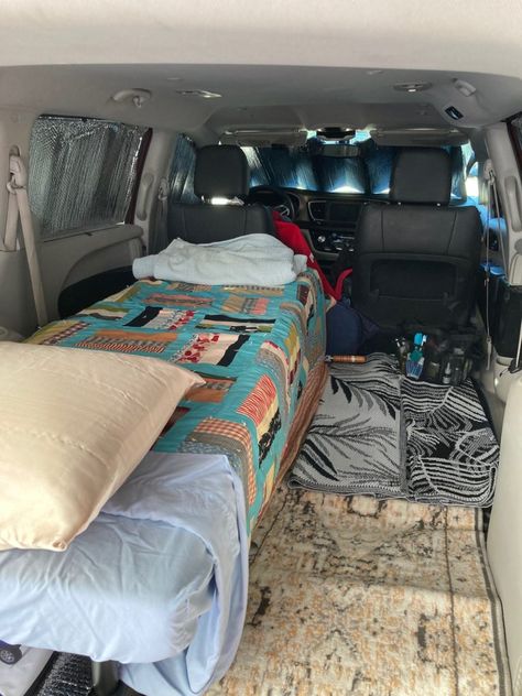 Wife Joins Minivan Camping Adventure Living In Minivan, Van Camping Minivan, No Build Minivan Camper, Mini Van Conversion, Minivan Living, Mini Van Camper, Arborvitae Landscaping, Minivan Conversion, Camp Van